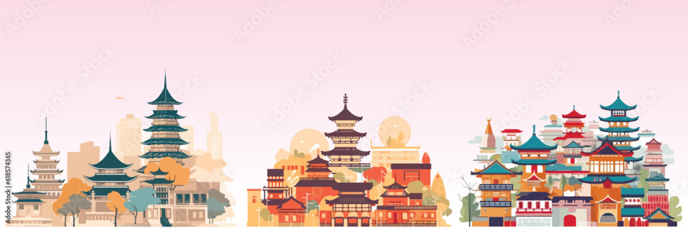 Abstract flat vector illustration of asian city. - obrazy, fototapety, plakaty 