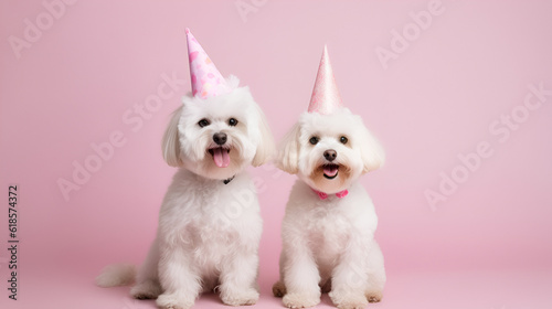 Two cute white Maltese puppies in birthday cap celebrating a birthday, sitting on a pink studio background with copy space. happy birthday card with pets. Ai generative