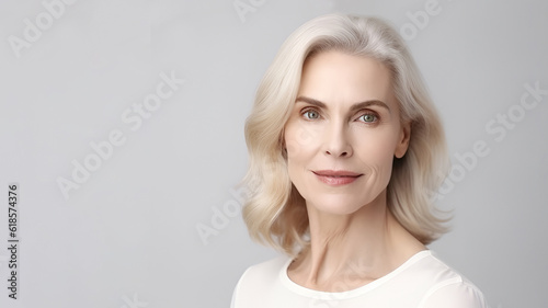 Beautiful gorgeous middle aged 50s mature woman with gray long hair looking at camera gray studio background copy space. Healthy middle age skin care cosmetics, cosmetology concept.AI generative