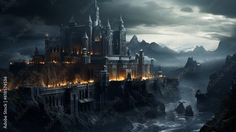 Fototapeta premium Fantasy night dark landscape, night gloomy castle, ancient dark city. 3D illustration Generative AI
