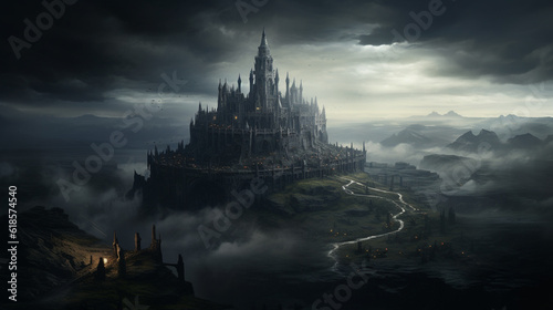 Fantasy night dark landscape, night gloomy castle, ancient dark city. 3D illustration Generative AI