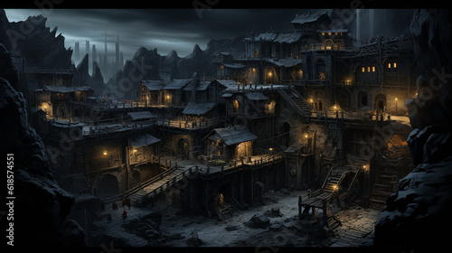 Fantasy night dark landscape, night gloomy castle, ancient dark city. 3D illustration Generative AI