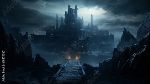 Fantasy night dark landscape  night gloomy castle  ancient dark city. 3D illustration Generative AI