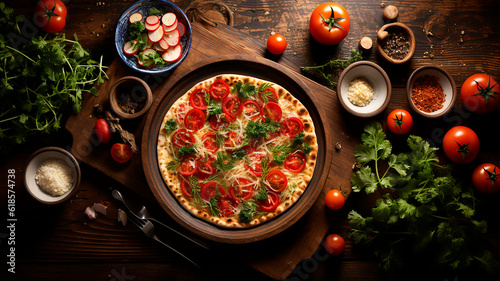 Italian Pizza fresh Food ingredients and spices for cooking on black background Elegant atmosphere and rustic charm brick oven 
