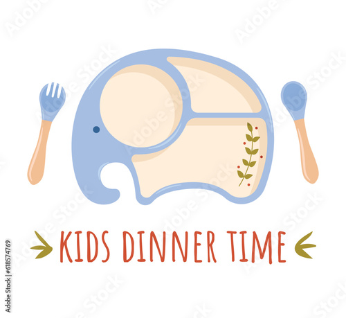 Kids plate, fork and spoon silicone dishware for baby vector. White background with dots. Kids Dinner Time