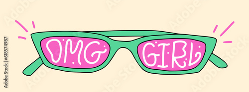 Trendy retro cartoon sunglasses. Girly 1990s artwork. Lettering slogan of OMG girl. Bright colors. Cute sticker for graphic tee, streetwear, poster.