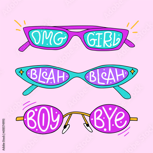 Set 0f trendy cartoon sunglasses. Girly 1990s artwork. Vintage lettering slogans. OMG Girl. Blah Blah. Boy bye. Bright colors. Cute sticker for graphic tee, streetwear, poster, covers.