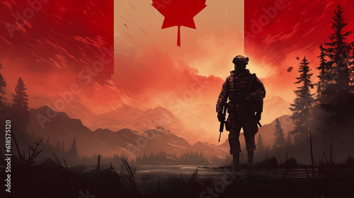 The flag of Canada and the silhouette of a soldier aiming their weapon Generative AI photo