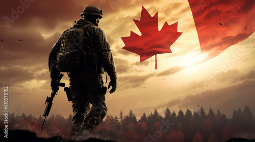 The flag of Canada and the silhouette of a soldier aiming their weapon Generative AI photo