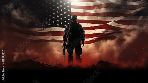 Photographie Photo of soldier holding the USA flag in background