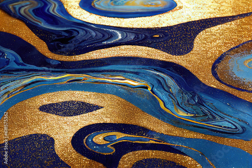 Blue and golden acrylic liquid ink swirl abstract background with ravishing turbulence wavy pattern and detailed texture. Luxury fluid liquid art by Generative AI.