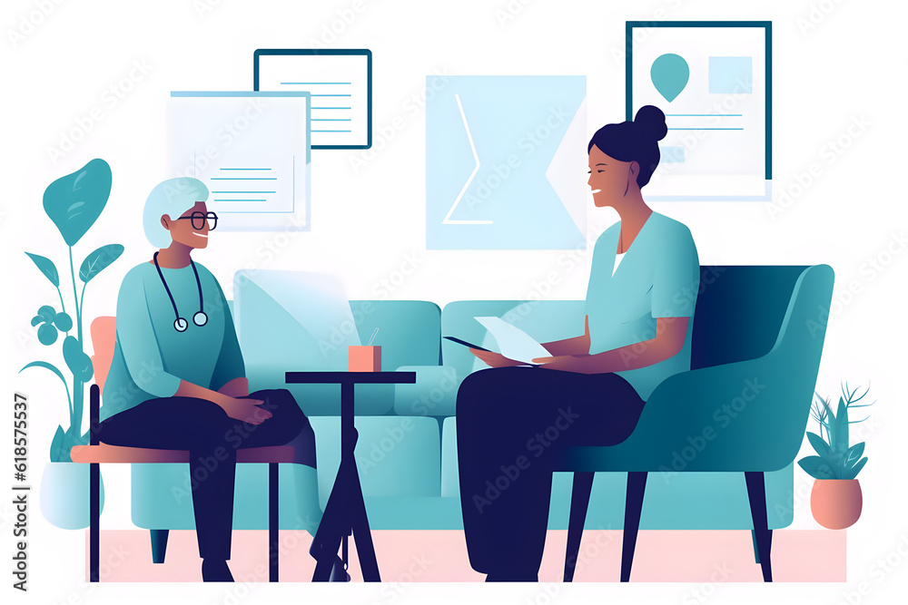 Flat vector illustration healthcare support and a nurse talking to an old woman in a nursing home during a visit or checkup medical empathy and a female medicine professional having a conversation wit Flat vector illustration healthcare support and a nurse talking to an old woman in a nursing home during a visit or checkup medical empathy and a female medicine professional having a conversation wit