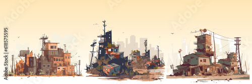 Abstract flat vector illustration of postapocalypse city.