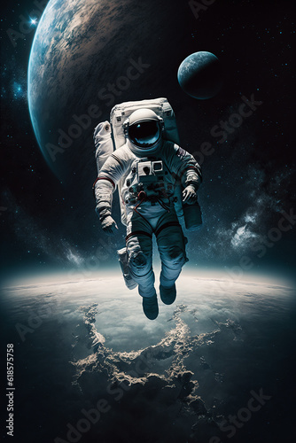 ai generated illustration an astronaut is floating in outer space with planets