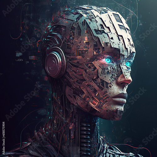 ai generated illustration Artificial intelligence. A microchip in the cyborg s head