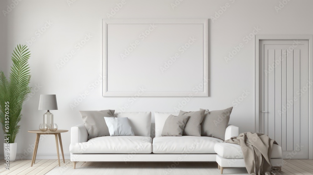 White living room with wall and poster frame mock up.3d rendering White living room with wall and poster frame mock up.3d rendering