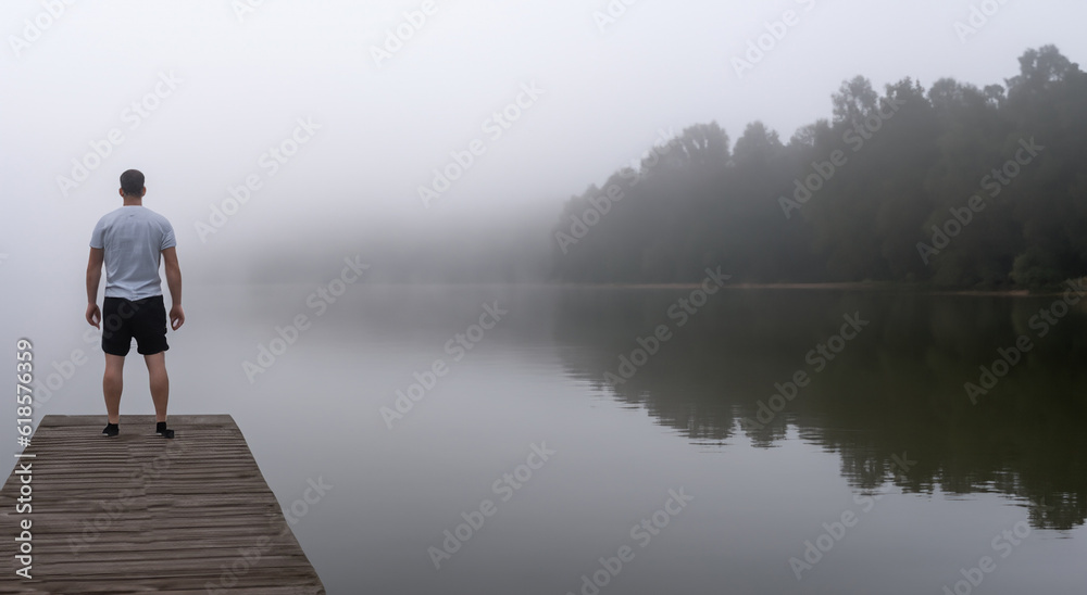 lonely man on a misty dock