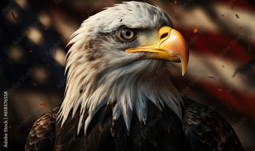 Obraz premium Bald eagle with american flag in the background, generative AI