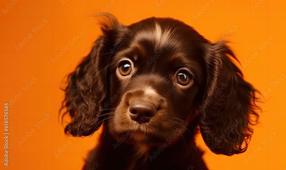 Cute spaniel puppy on orange background with copy space, generative AI