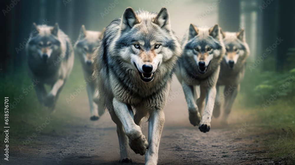 Fototapeta pack of wolves running in forest, created with Generative AI