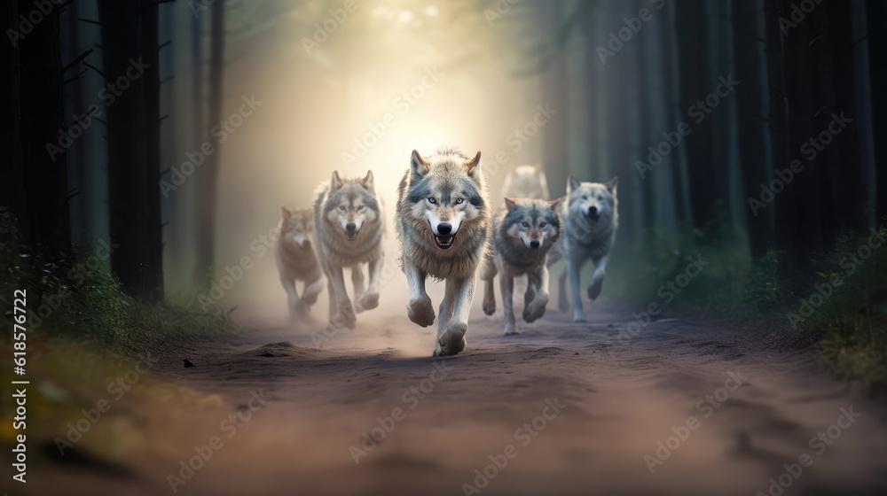 Fototapeta pack of wolves running in forest, created with Generative AI