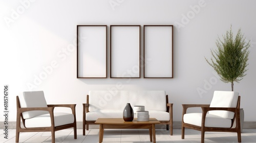White living room with dark wood furniture and poster frame mockup.3d rendering © Eli Berr