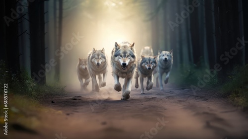 Fotografie, Obraz pack of wolves running in forest, created with Generative AI