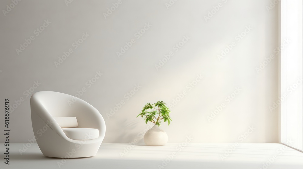 Modern classic interior.Armchair,pillows,side table with vase and ceiling lamp.White wall and wooden floor. 3d rendering Modern classic interior.Armchair,pillows,side table with vase and ceiling lamp.White wall and wooden floor. 3d rendering