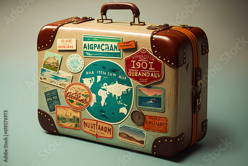 ai generated illustration Old Suitcase with Royaly Free Travel Stickers