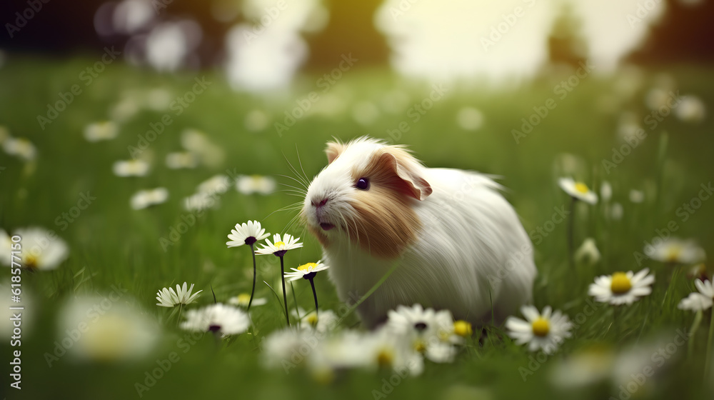 Cute guinea pig with small white flowers. AI generated