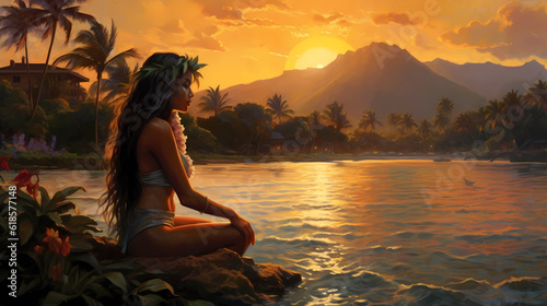 Illustration of traditional hawaiian lifestyle on an island  Hawaii  USA