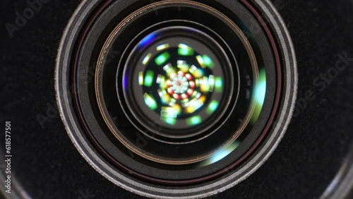 Objective lenses close-up. Dolly shot