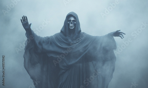 evil ghost skeleton fear death hood night halloween creepy horror. Generative AI.