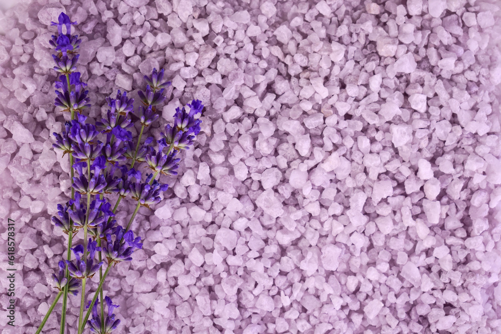 Fototapeta premium Bath salt with lavender aroma.Background.Copy space. 