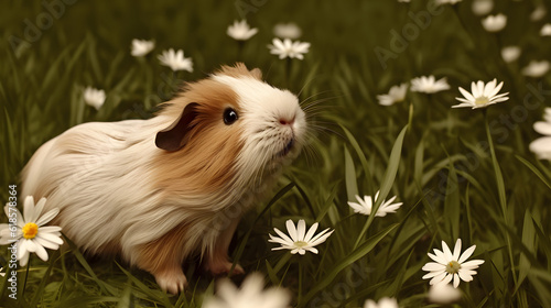 Cute guinea pig with small white flowers. AI generated © ZayNyi
