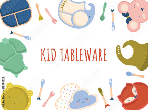 Kid tableware set children dish flat design vector. Baby silicone tableware set. Set of children's bowls, plates and bib. Baby tableware. Nutrition and feeding concept.