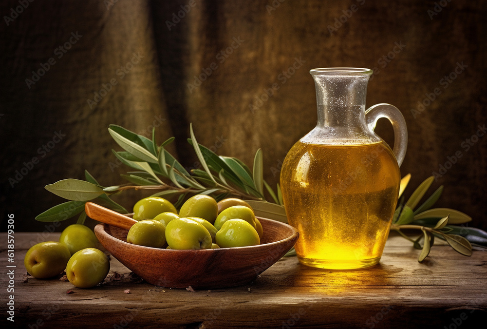 Bottle of olive oil and olives on light rustic and stone background. Olive oil for cooking. Generative AI 