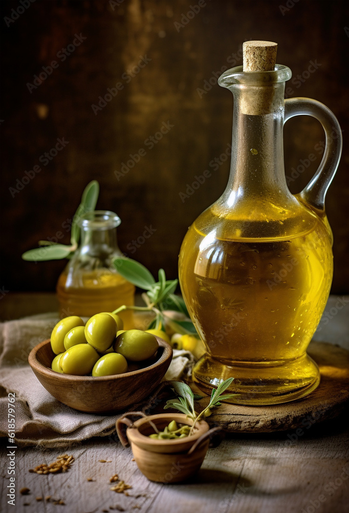 Bottle of olive oil and olives on light rustic and stone background. Olive oil for cooking. Generative AI 
