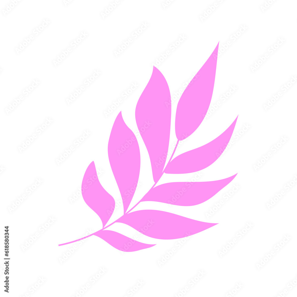 Abstract pink twig with leaves curved right icon isolated on transparent and white background. Close-up feather element for design decoration. Summer vector illustration in cartoon and flat style. 
