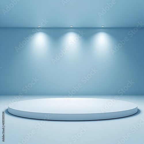 A podium of an interesting shape stands against a light blue wall, beautifully illuminated by backlighting. It serves as a trendy background for presentations. Made with Generative AI technology © mafizul_islam