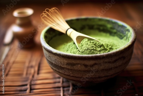 Raw Organic Green Matcha Tea in a Bowl, AI Generated