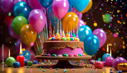 a birthday cake in front of balloons, colorfull, close up