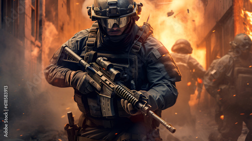 Special Forces Soldier with Rifle and Gas Mask with fire in Background AI Generative