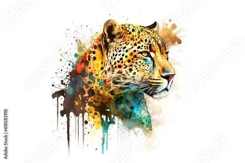 leopard is drawn with multi-colored watercolors isolated on a white background. Generated by AI