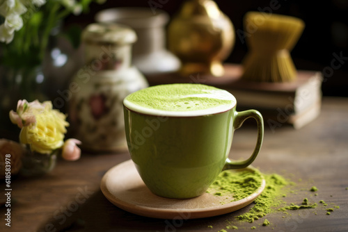 Green matcha tea drink on tray, AI Generated