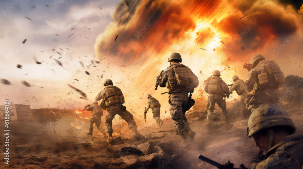 Soldiers in War Zone with Fire and Explosions AI Generative