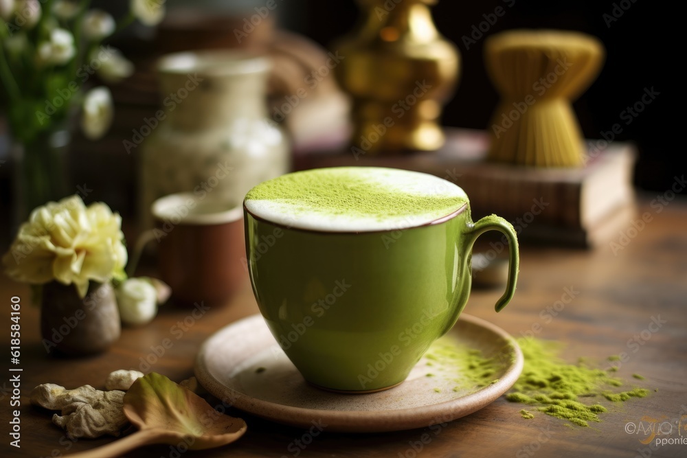 Green matcha tea drink on tray, AI Generated Green matcha tea drink on tray, AI Generated