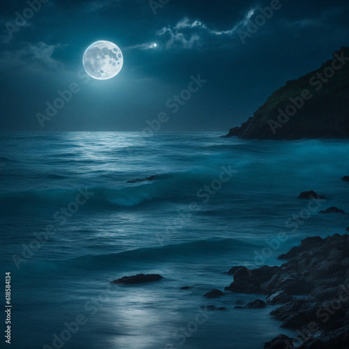 満月に照らされた幻想的な夜の海,Generative AI