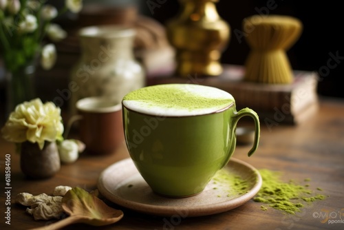Green matcha tea drink on tray, AI Generated