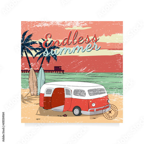 Beach Retro Poster . House on the beach, palms, coast, surf, ocean.